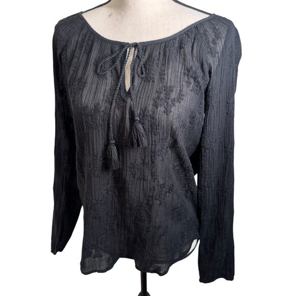 Lovestitch Black Cotton Embroidered Long Sleeve Peasant Top Small Boho Cottage - Picture 1 of 6